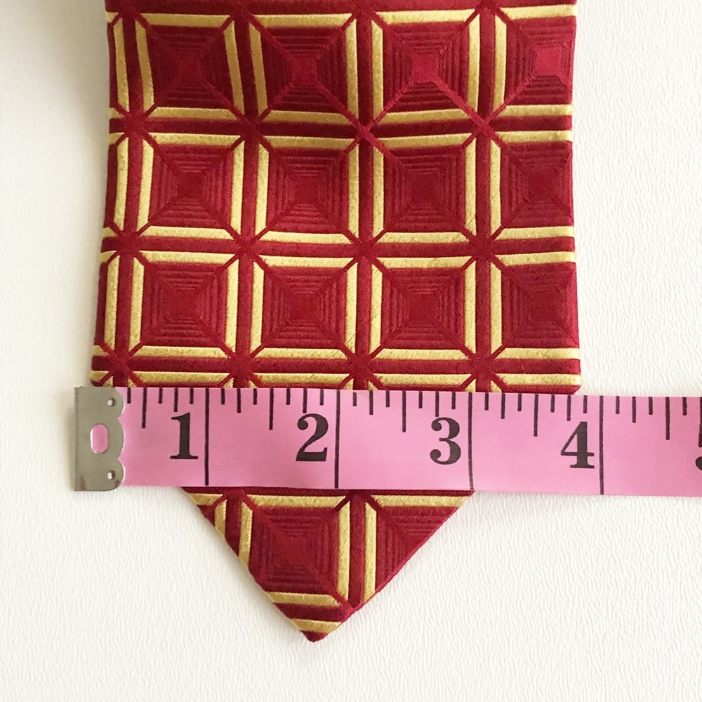 Ermenegildo Zegna Woven Silk Necktie TIE Red With Gold Squares Made in Italy - Picture 8 of 8